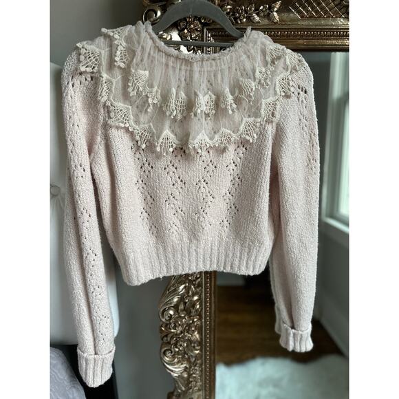 Free People Hold Me Closer Lace Yoke Sweater In Pearl Combo Small - Picture 5 of 7
